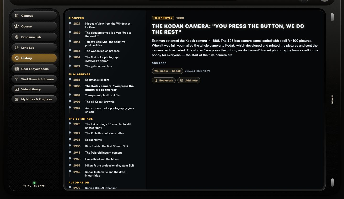 SWSO Photography University history timeline with the Kodak camera entry