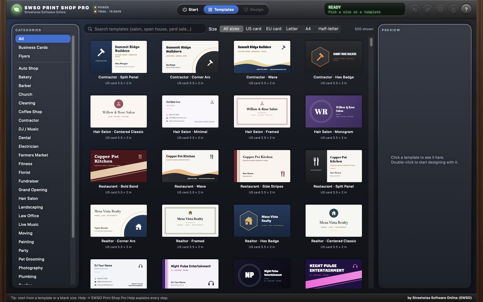 SWSO Print Shop Pro template browser with business card designs