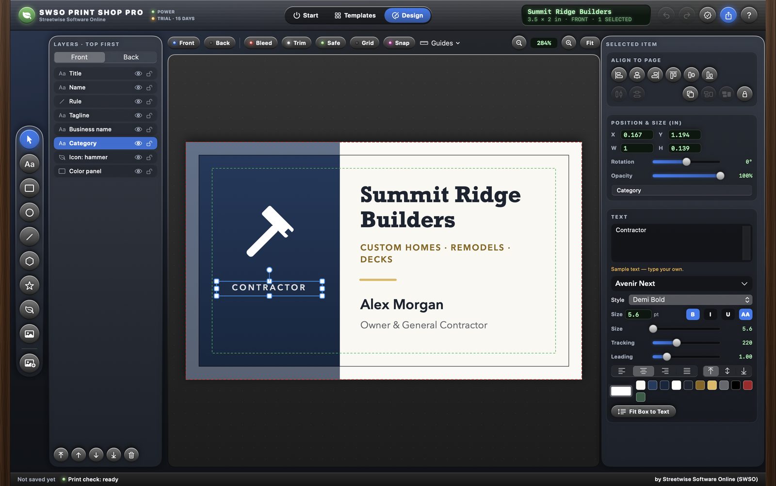 SWSO Print Shop Pro editing a business card with bleed, trim and safe-area lines