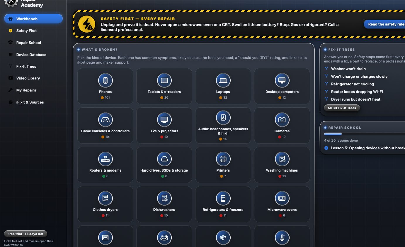 SWSO Repair Academy workbench home screen with the safety banner and device categories