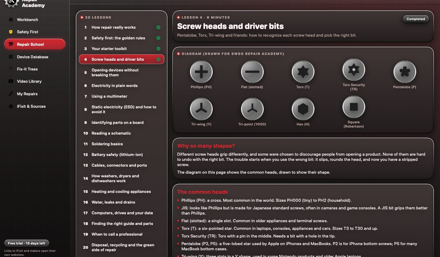 SWSO Repair Academy lesson on screw heads and driver bits with drawn diagrams