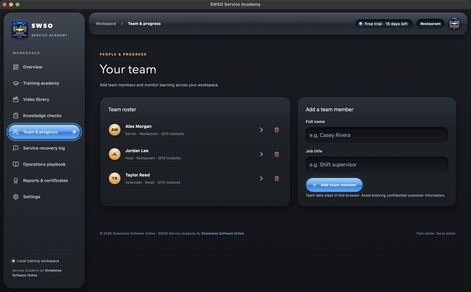 SWSO Service Academy Team and progress screen with the team roster and Add a team member form