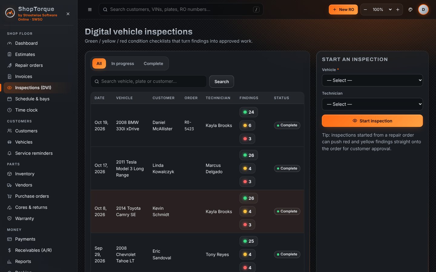 Digital vehicle inspections list
