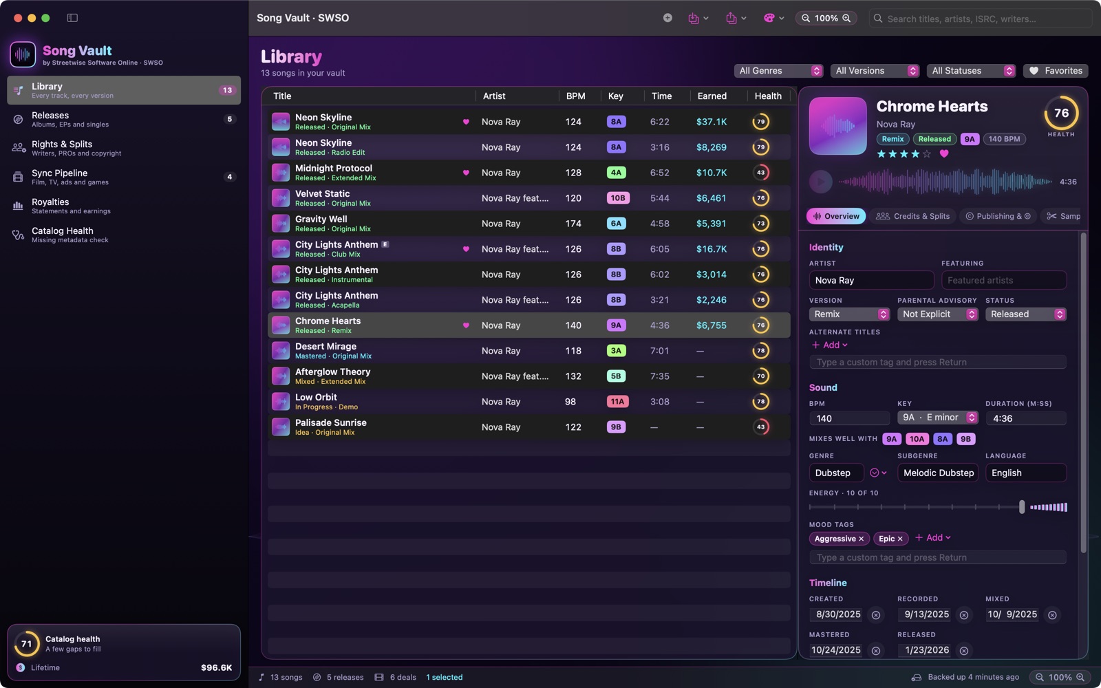 Song Vault library table with a song open in the inspector
