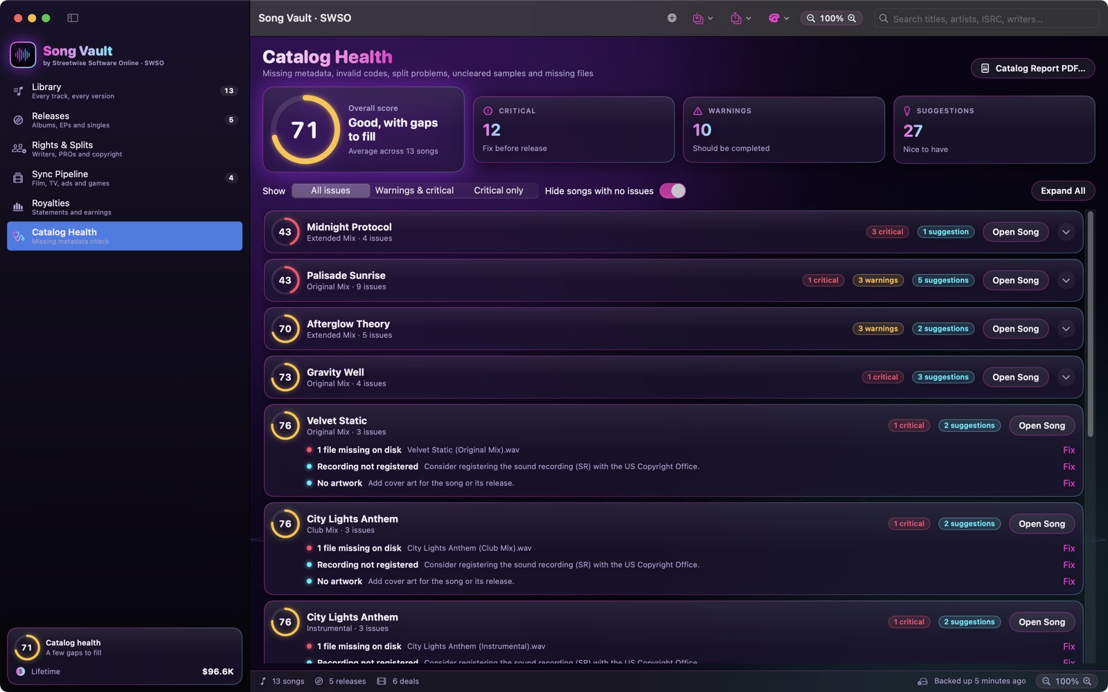 Catalog Health screen listing songs with missing metadata