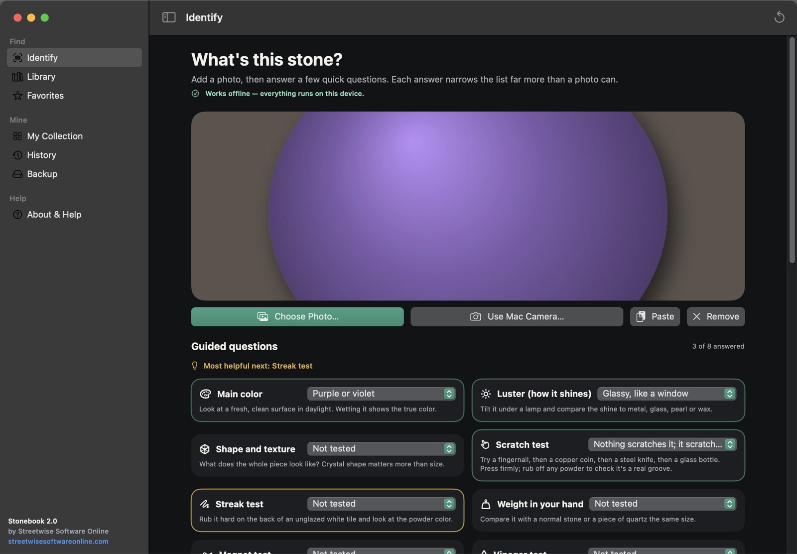 Stonebook Identify screen with ranked matches for a stone
