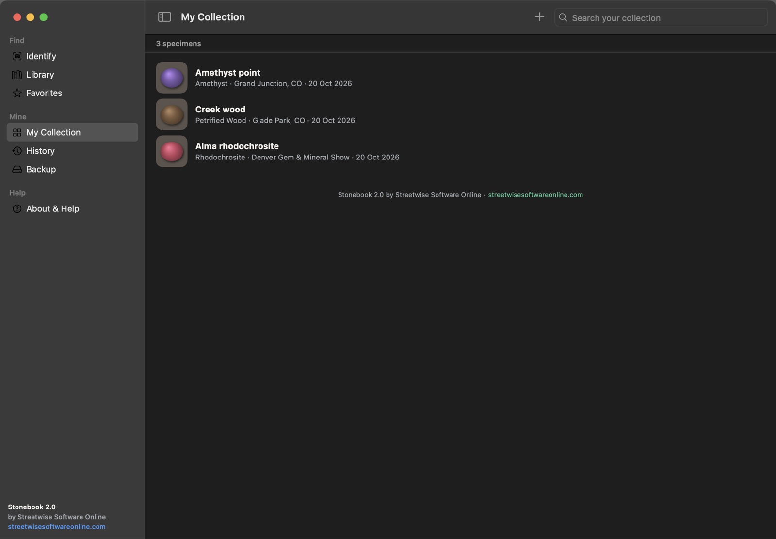 Stonebook collection screen