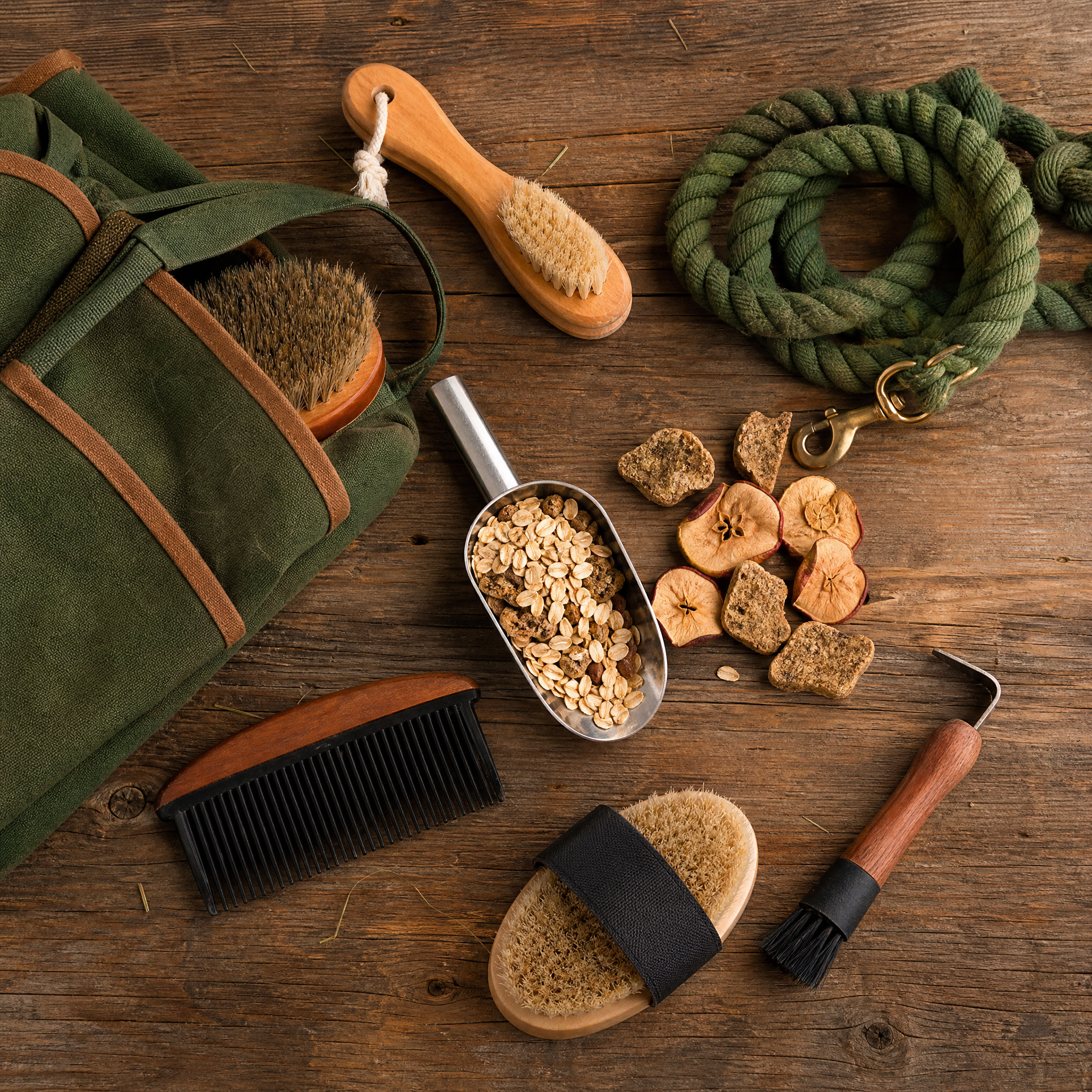 Neatly arranged grooming brushes, lead rope, feed scoop, horse treats, and stable supplies