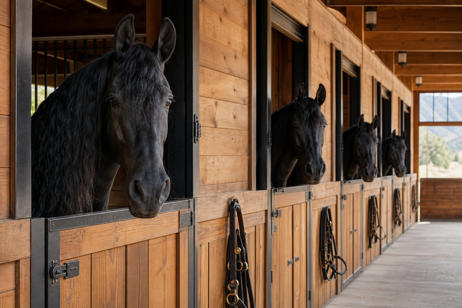 A group of Friesian horses looking from clean timber stalls