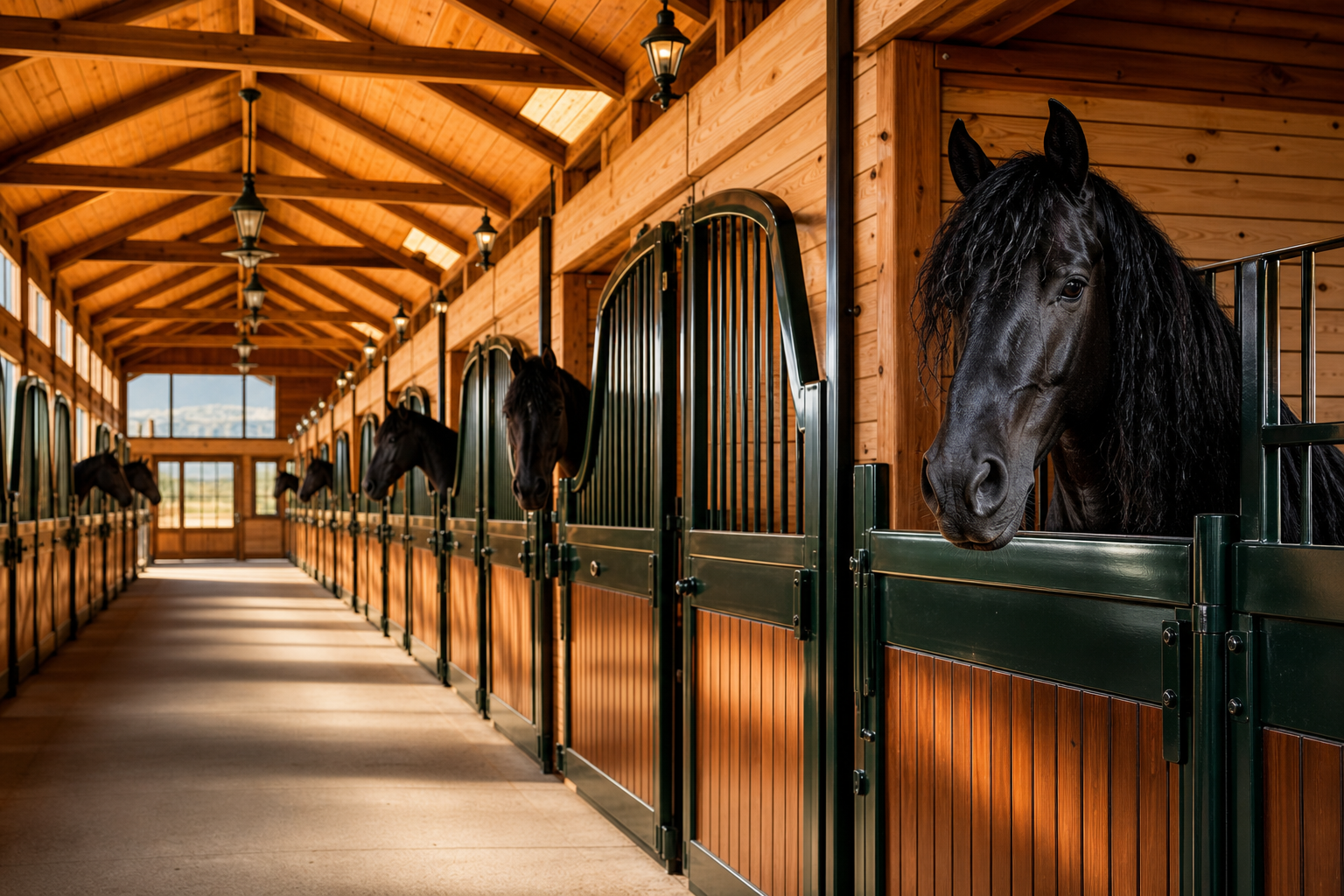 Friesian horses standing in spacious timber stalls at a clean Colorado boarding barn