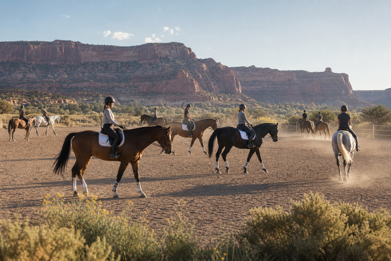 Several horses and riders working in a large outdoor arena with Colorado mesas beyond