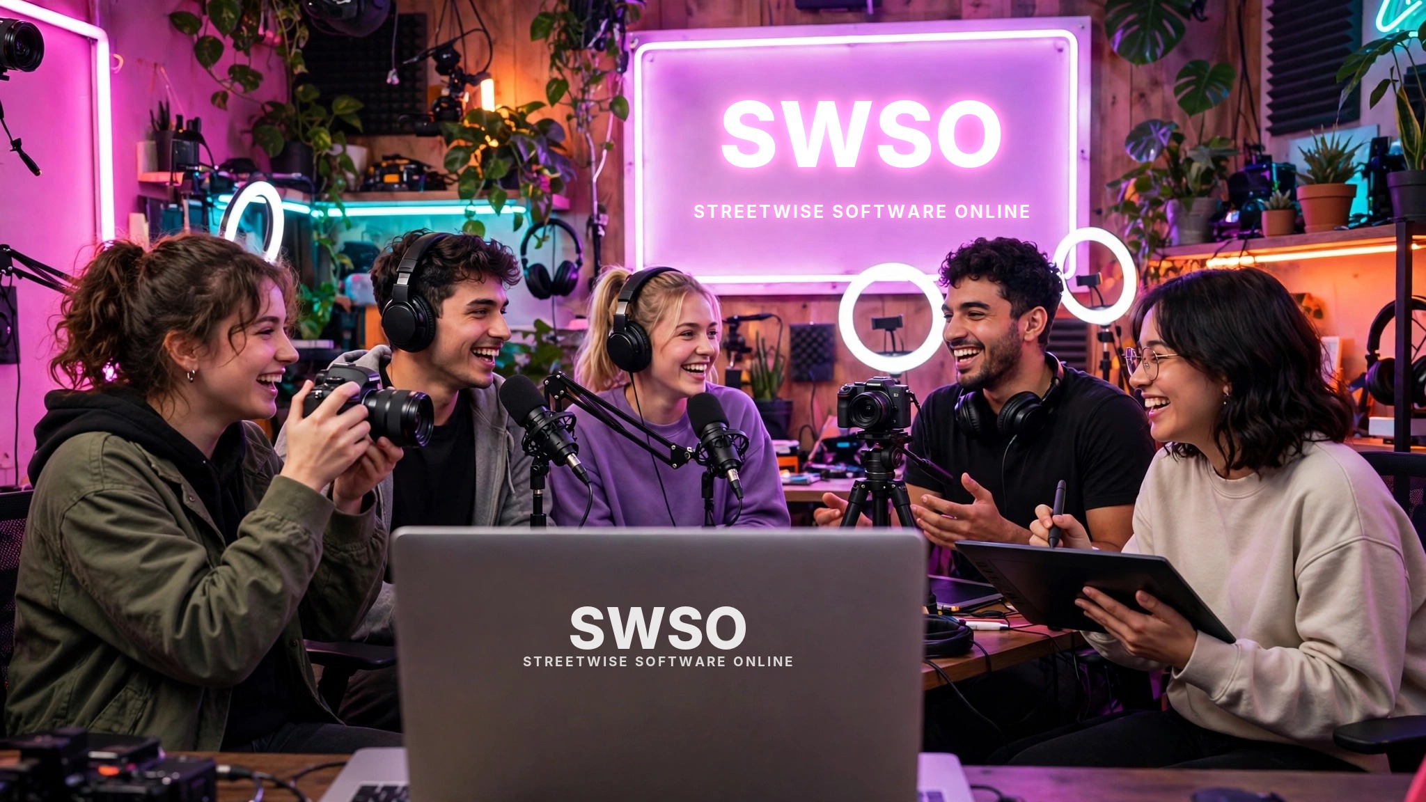 Creators filming, podcasting and designing together in a neon studio