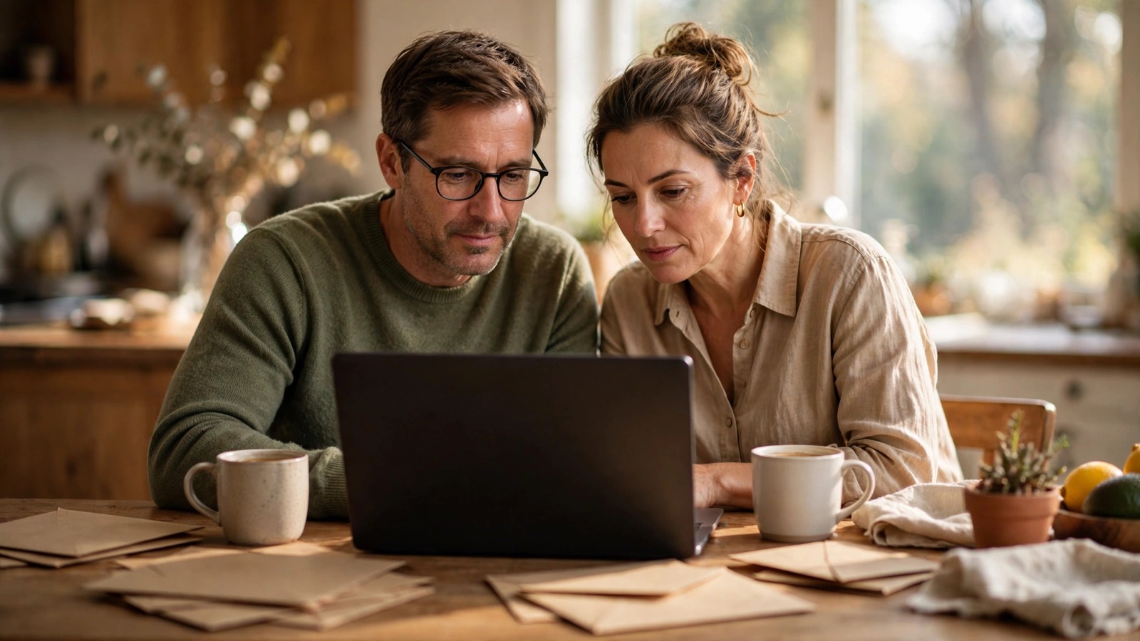Family doing their household budget and bills together on a laptop at the kitchen table