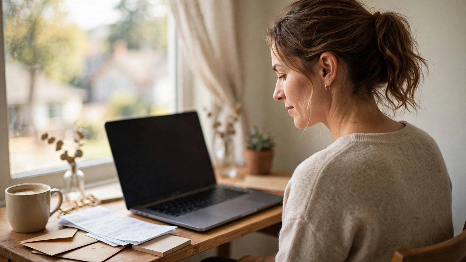 Couple reviewing their zero-based household budget on a laptop at the kitchen table