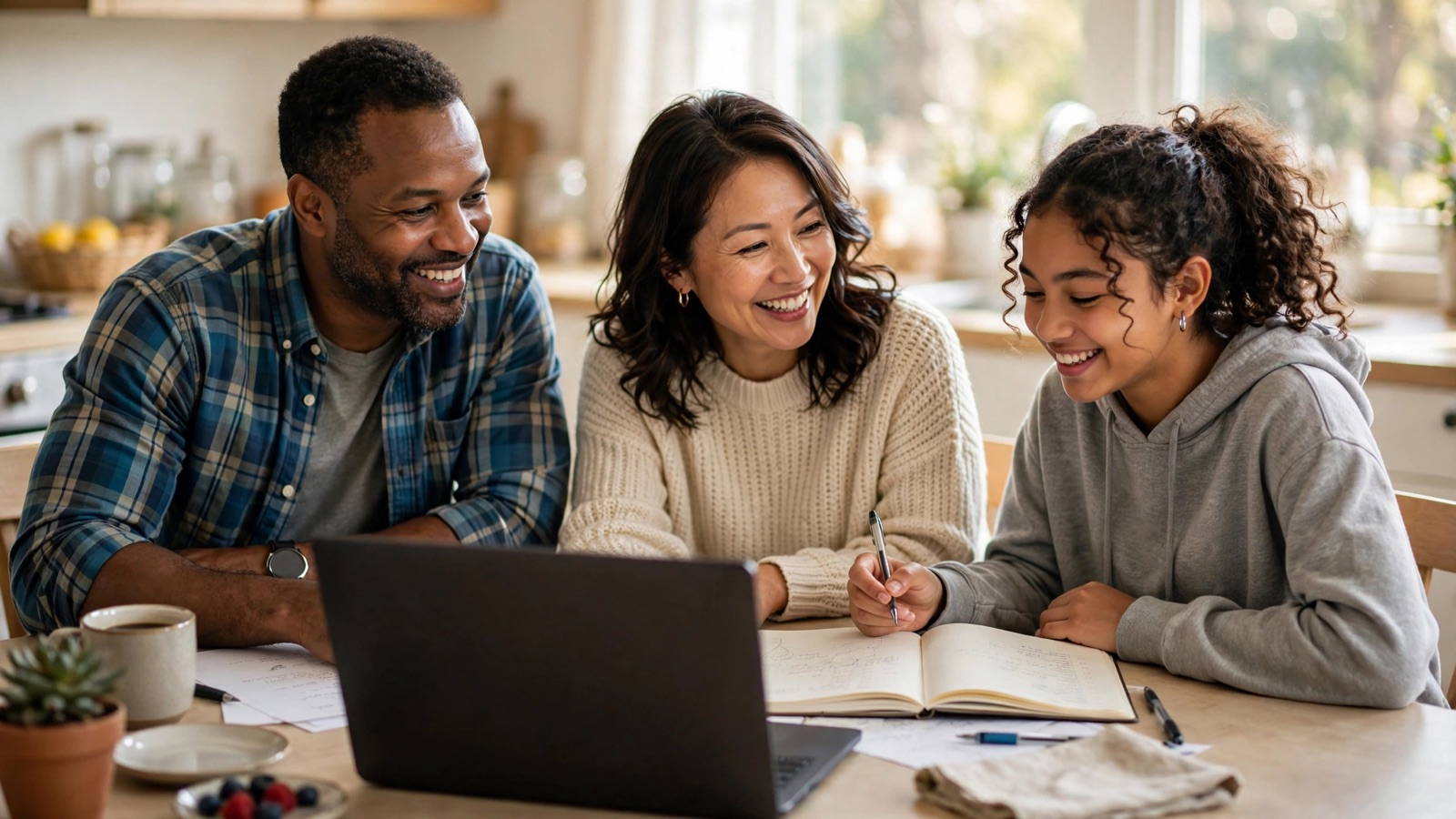 Couple sorting receipts and tax papers with a tax-time summary from their household budget