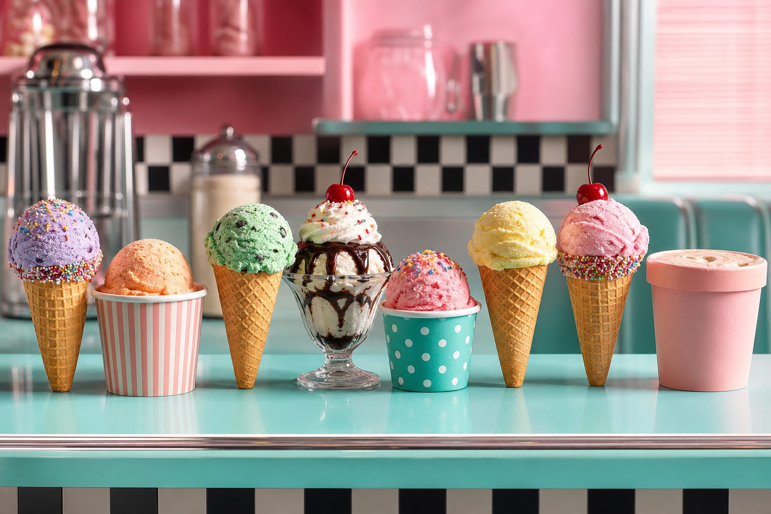 A colorful lineup of ice cream cones and sundaes on a retro counter