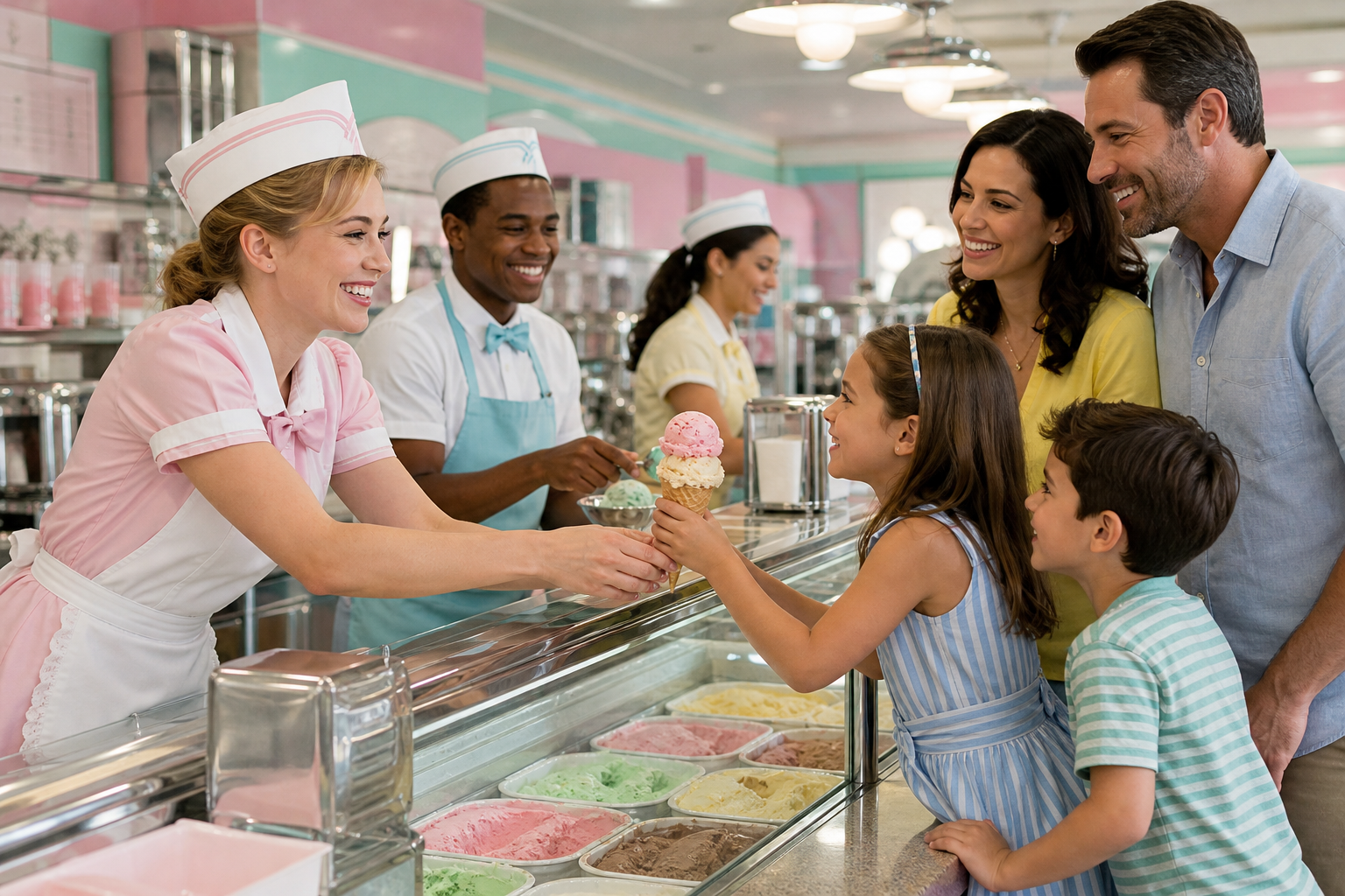 Smiling ice cream shop employees serving guests at a pastel soda fountain