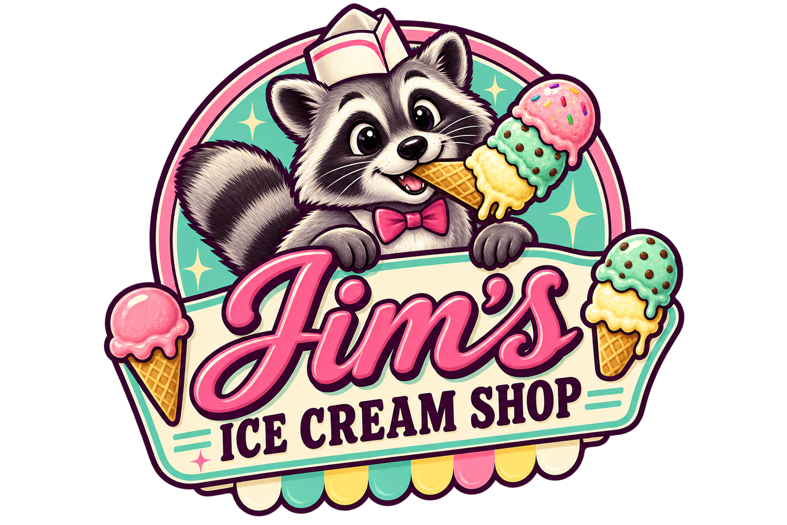 Jim's Ice Cream Shop raccoon holding an ice cream cone
