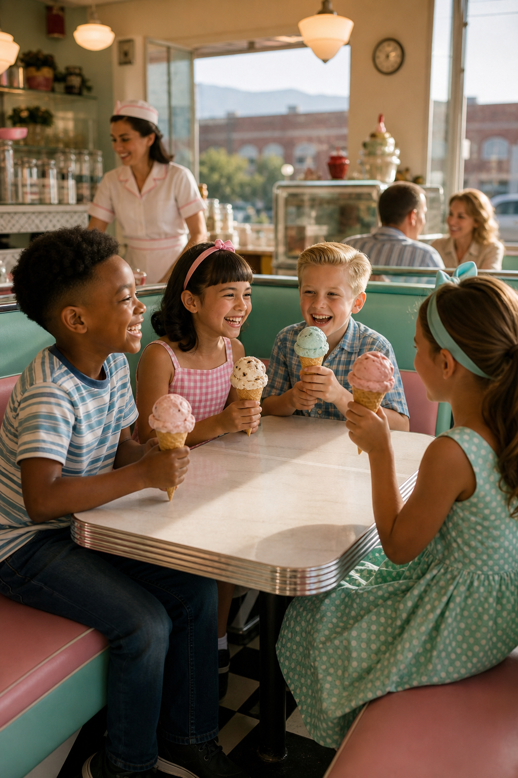 Children enjoying colorful ice cream treats in a cheerful 1950s-style parlor