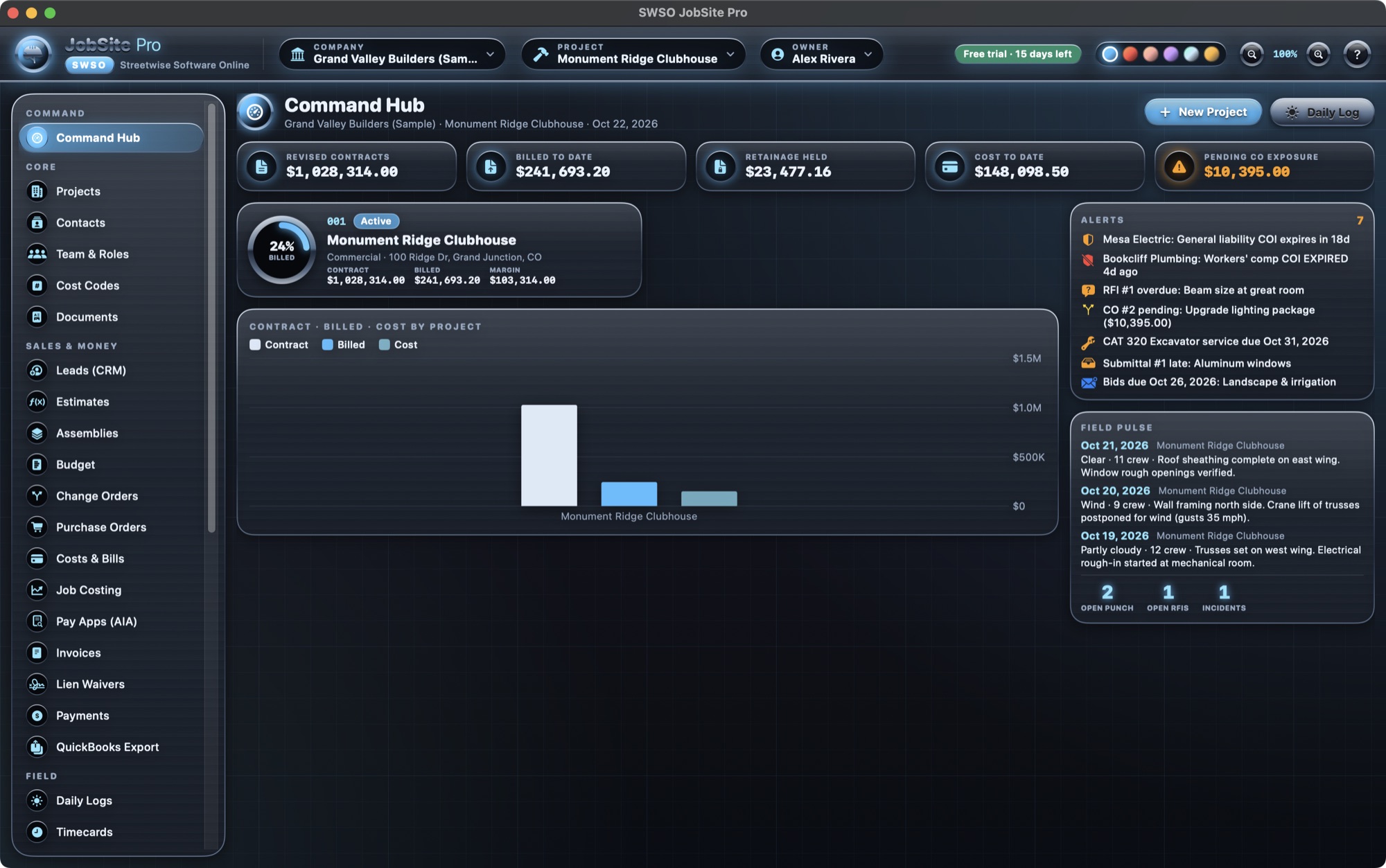 SWSO JobSite Pro Command Hub showing contract, billed, retainage and cost totals, alerts and the field pulse for the sample company