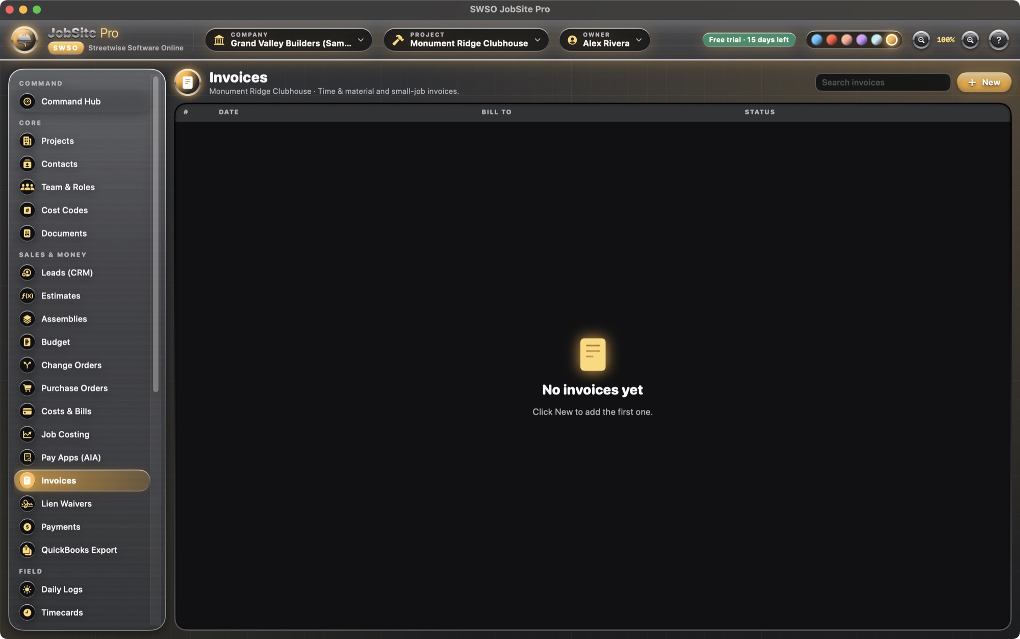 Invoices screen