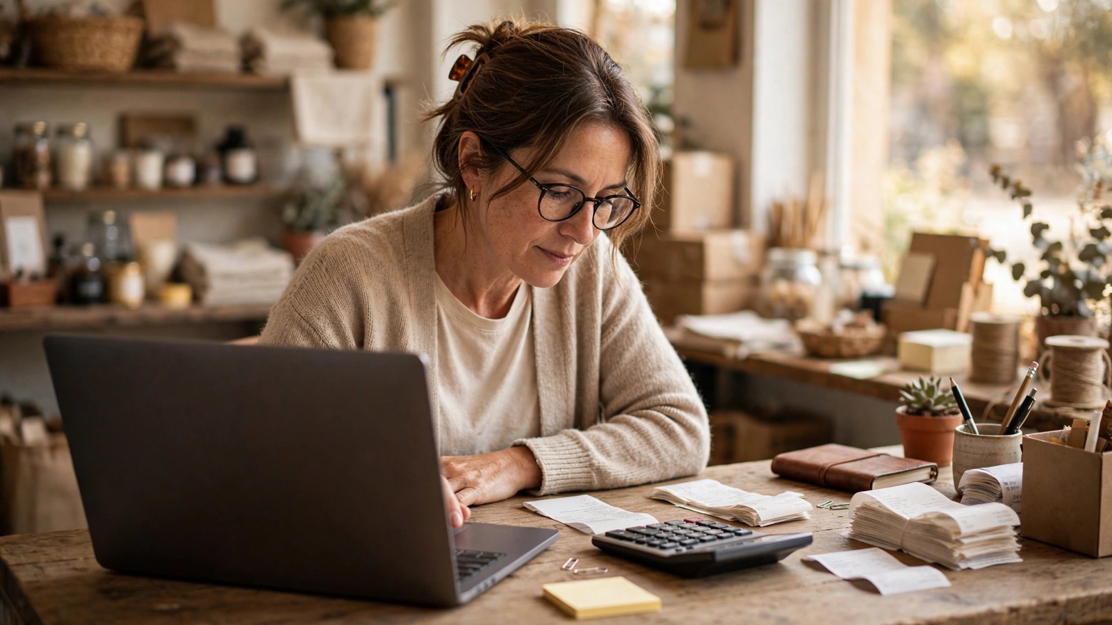 Small business owner doing the bookkeeping and taxes at a desk with LedgerPro online bookkeeping software