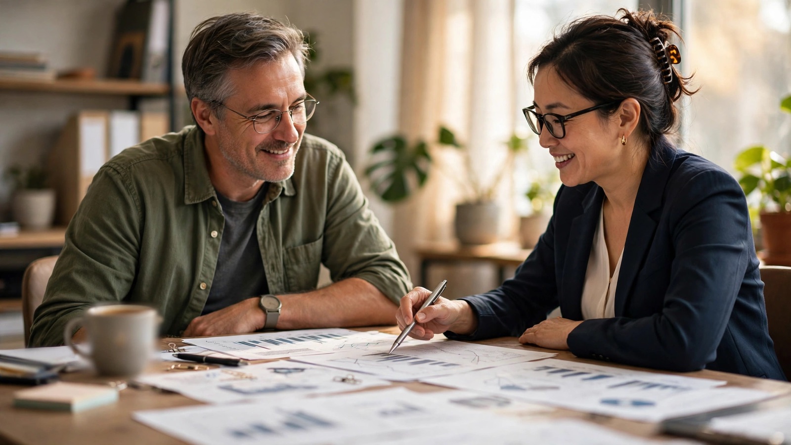 Small business owner reviewing a profit and loss report with an accountant
