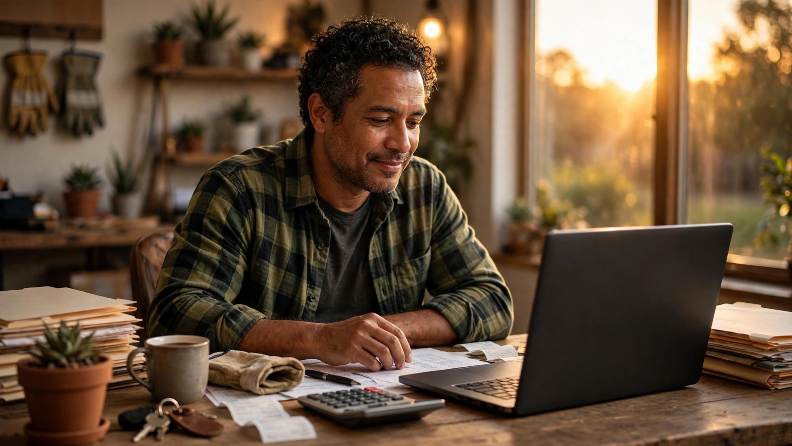 Owner working on taxes with a mileage log and sales tax report from LedgerPro