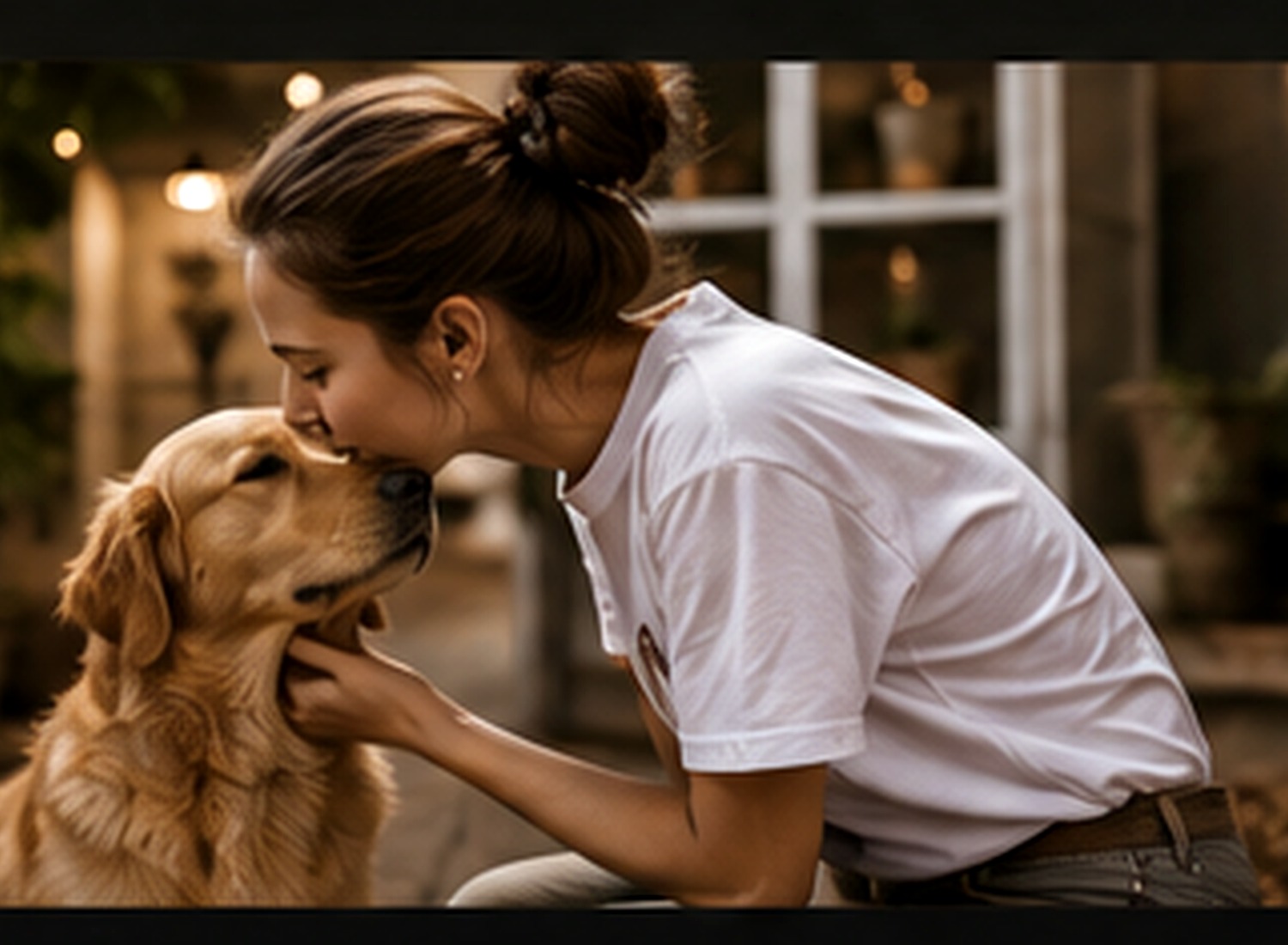 Pet sitter giving affectionate attention to a dog in a warm home setting