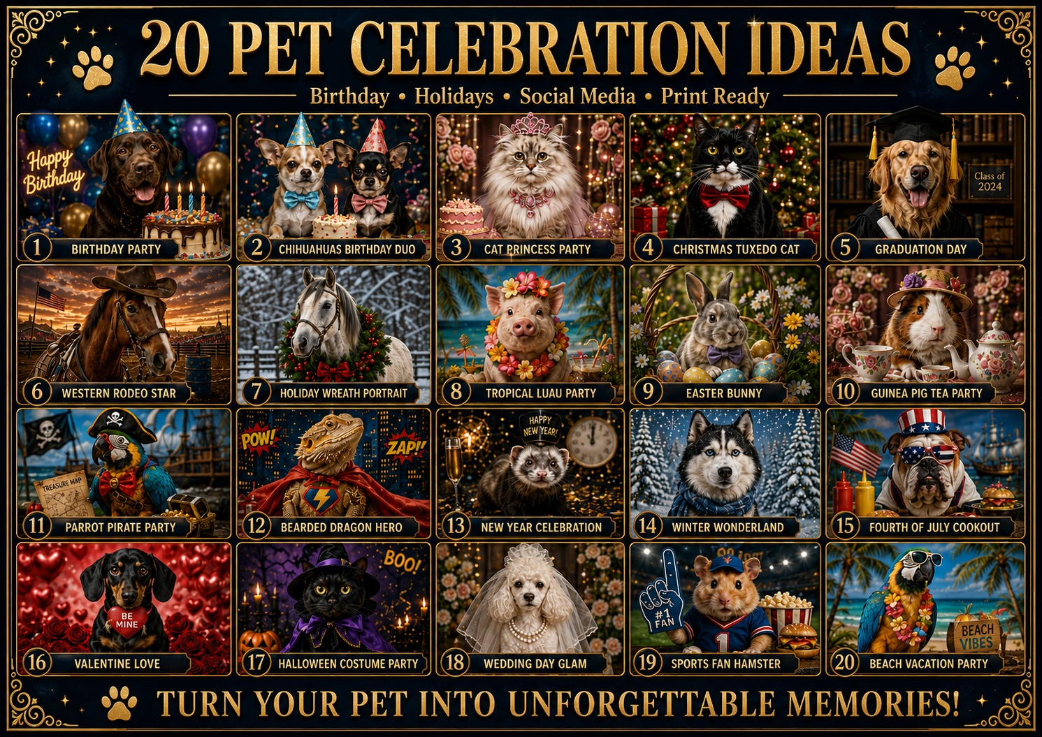 20 pet celebration portrait ideas including birthday, holidays, social media, and print ready themes
