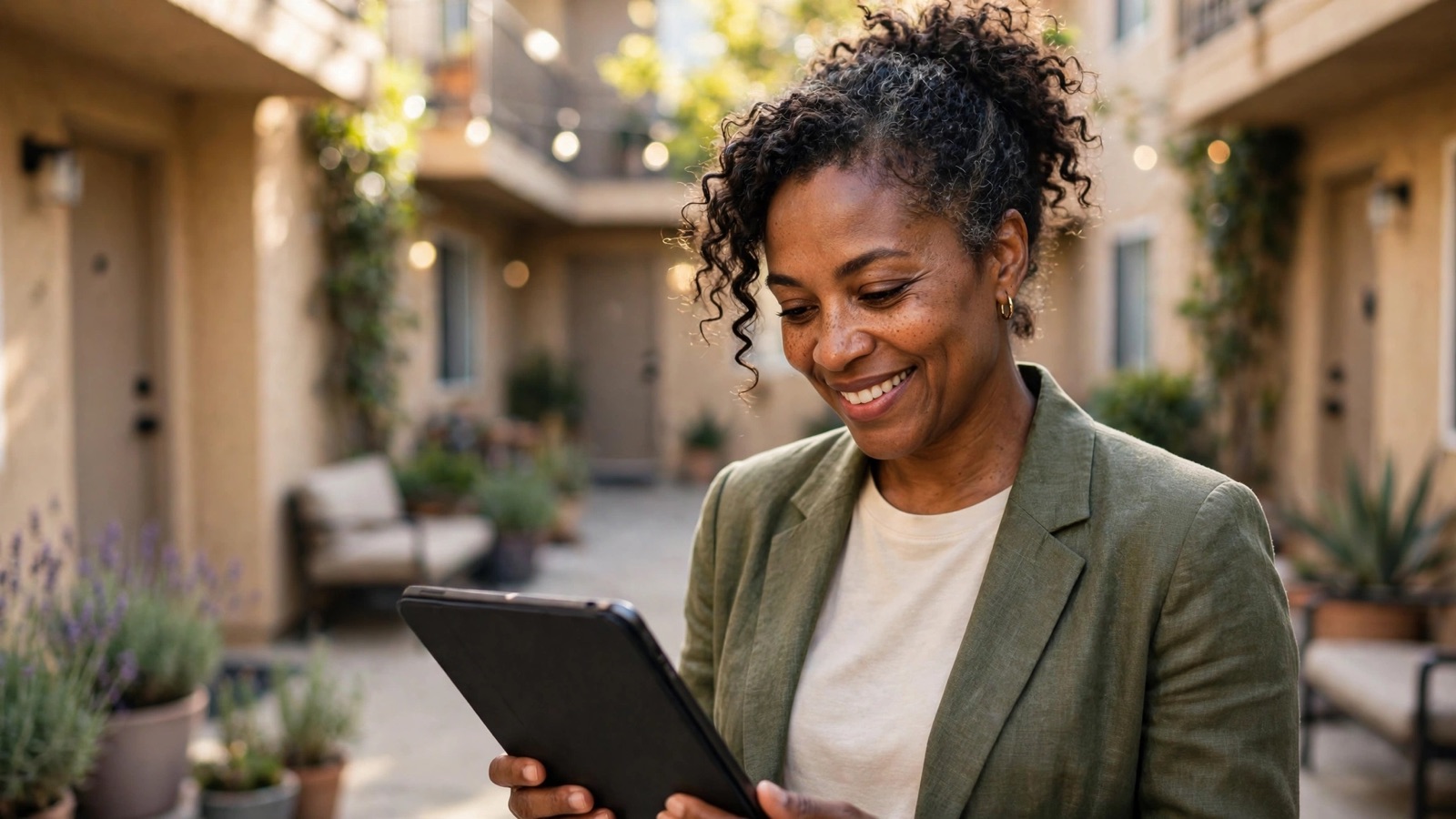 Property manager reviewing the rent roll on a tablet