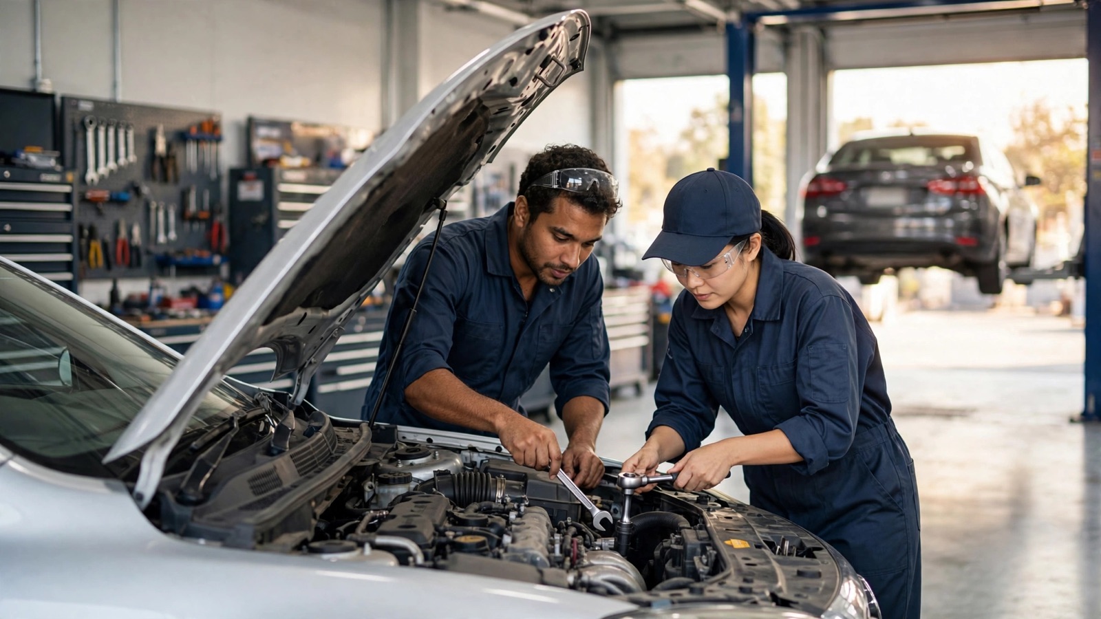 Auto repair technicians working on a car in a clean shop that runs on ShopTorque auto repair shop software