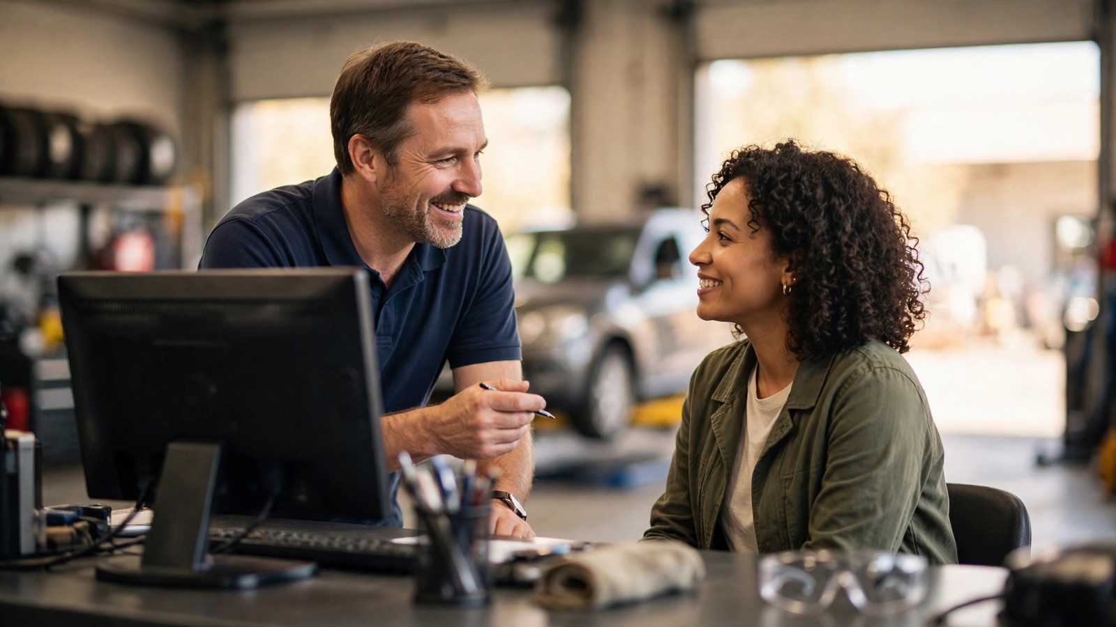 Service writer at the front counter reviewing an auto repair estimate with a customer