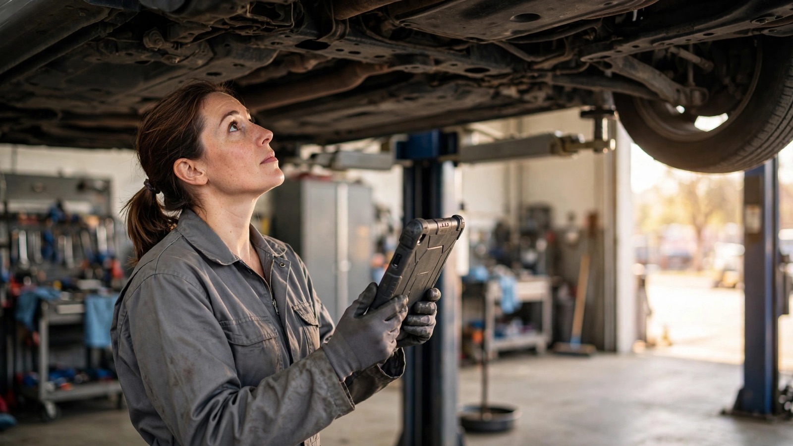 Auto repair technician under a lift doing a digital vehicle inspection on a tablet