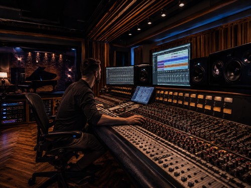 Music creator working at a professional production workstation