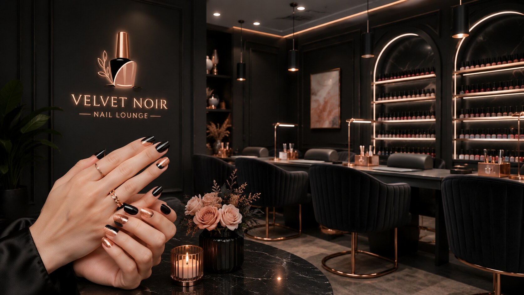 Dark modern nail lounge interior with rose-gold lighting and manicured hands