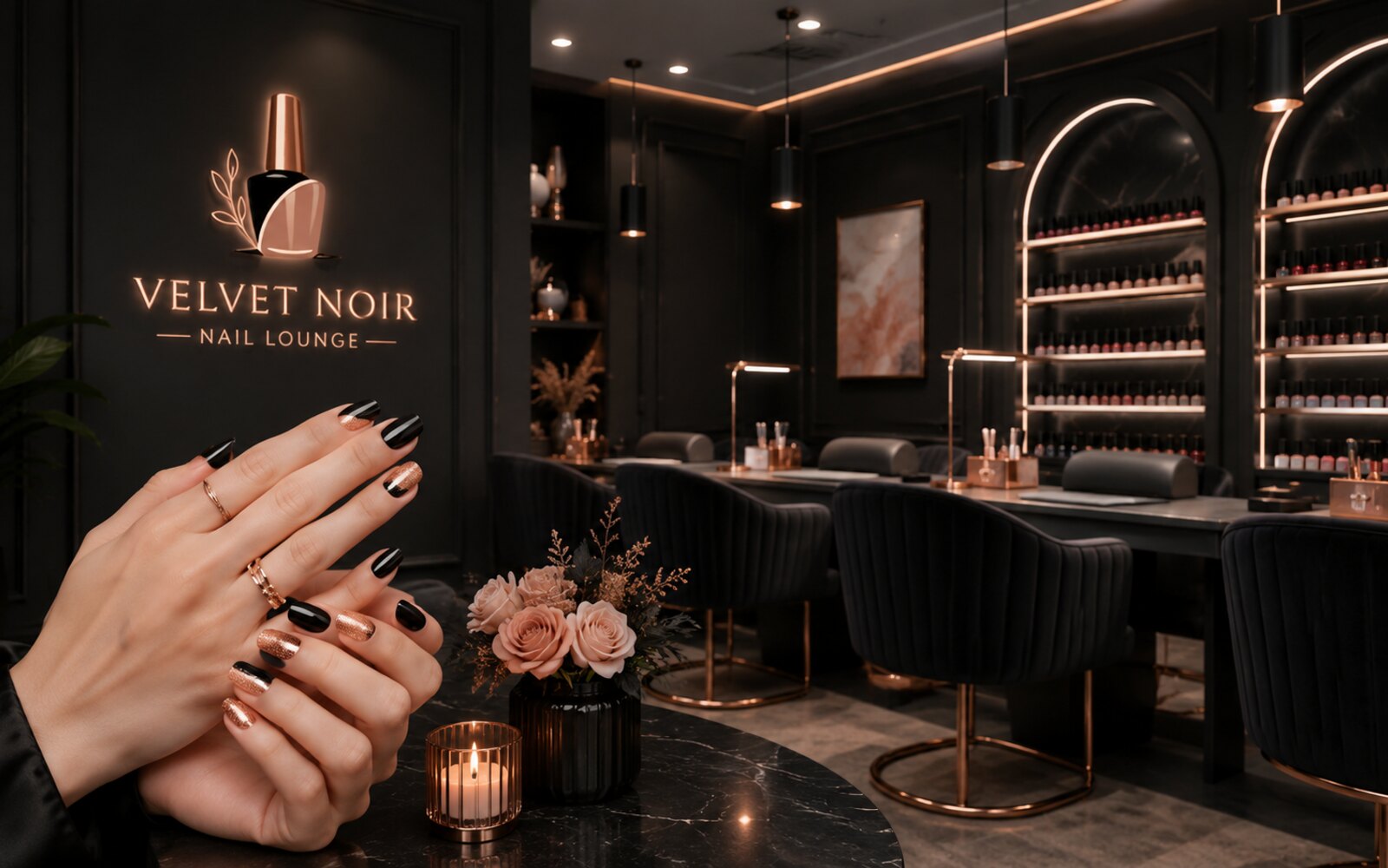Elegant fictional nail salon interior with manicure stations and polish displays