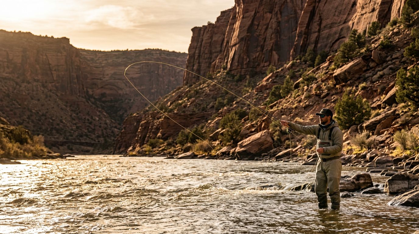 Fly angler wading the Colorado River and casting a long loop of line through a red rock canyon at golden hour