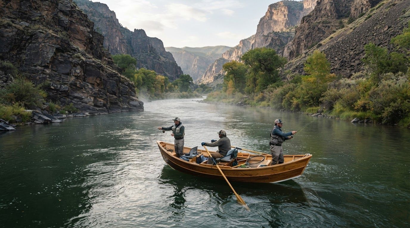 Guide rowing a wooden drift boat down a green river in a steep canyon while two anglers cast from the bow and stern