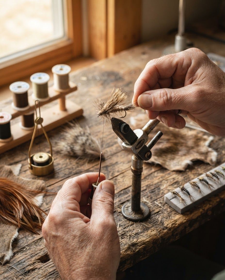Hands tying an elk hair caddis dry fly in a vise on a weathered wooden workbench beside spools of thread