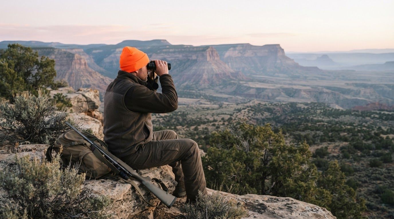 Hunter in a blaze orange cap sitting on a sandstone ledge, glassing layered desert mesas with binoculars at dawn