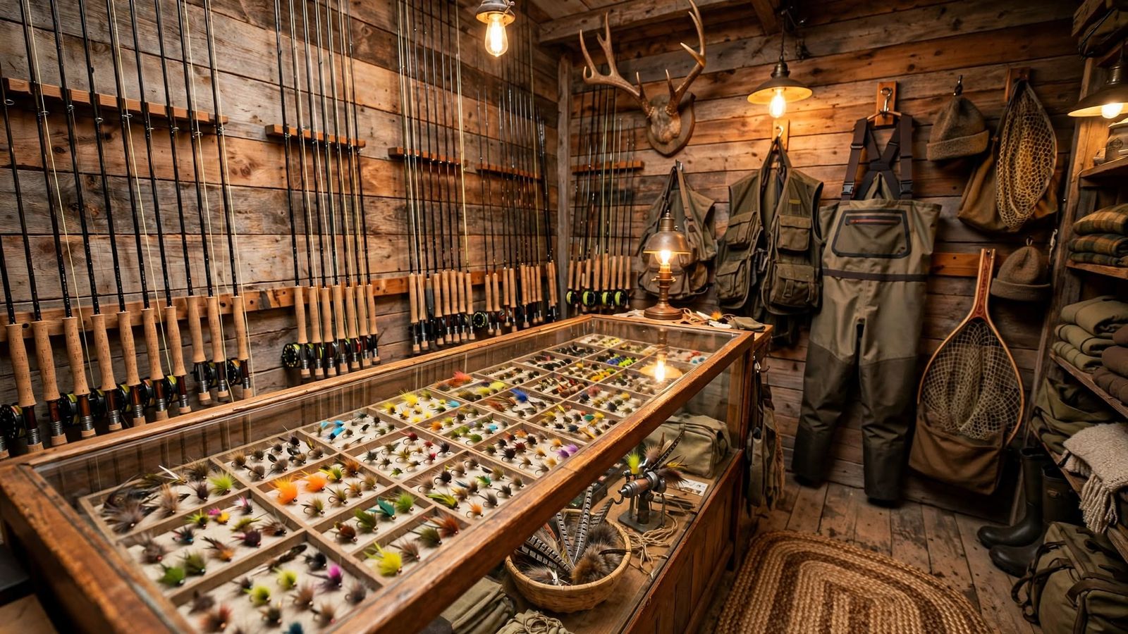 Inside the fly shop: a rack of fly rods on barnwood walls, a lamp-lit glass case filled with hand-tied flies