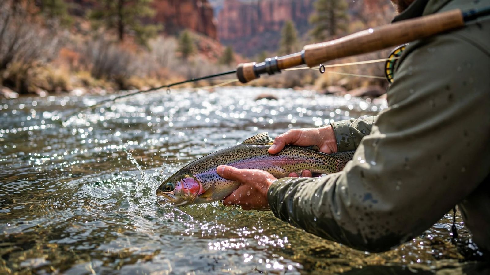 Angler cradling a rainbow trout at the surface of a clear, fast river before releasing it, red canyon walls behind