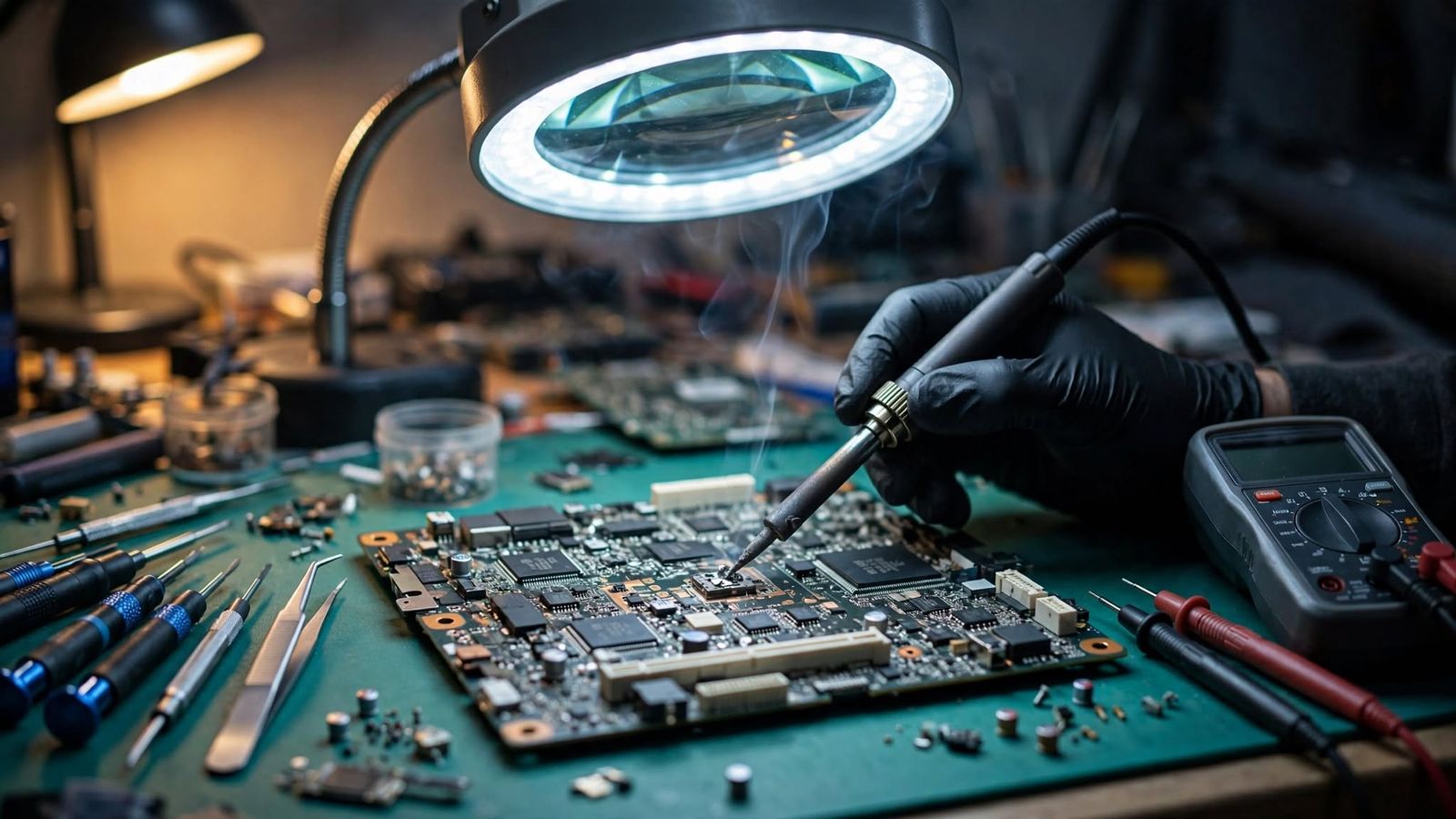 Gloved hand soldering a computer motherboard under a lighted magnifier, with a multimeter, tweezers and screwdrivers on the bench
