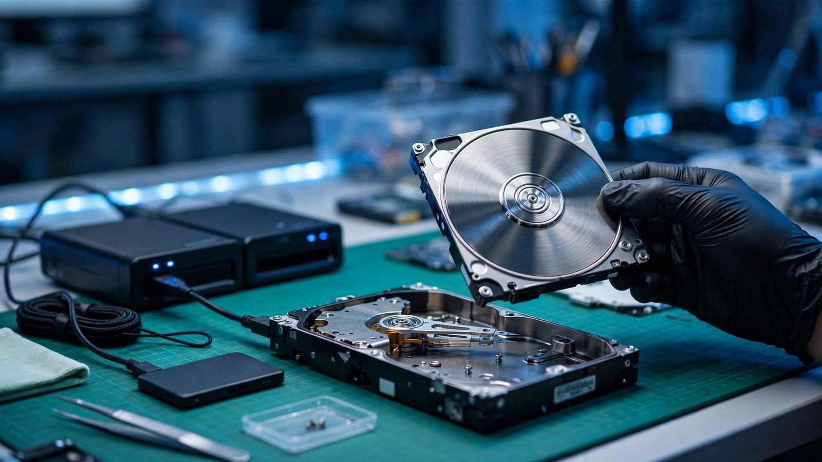 An opened hard drive with its platter lifted out by a gloved hand next to drive docks on a repair mat
