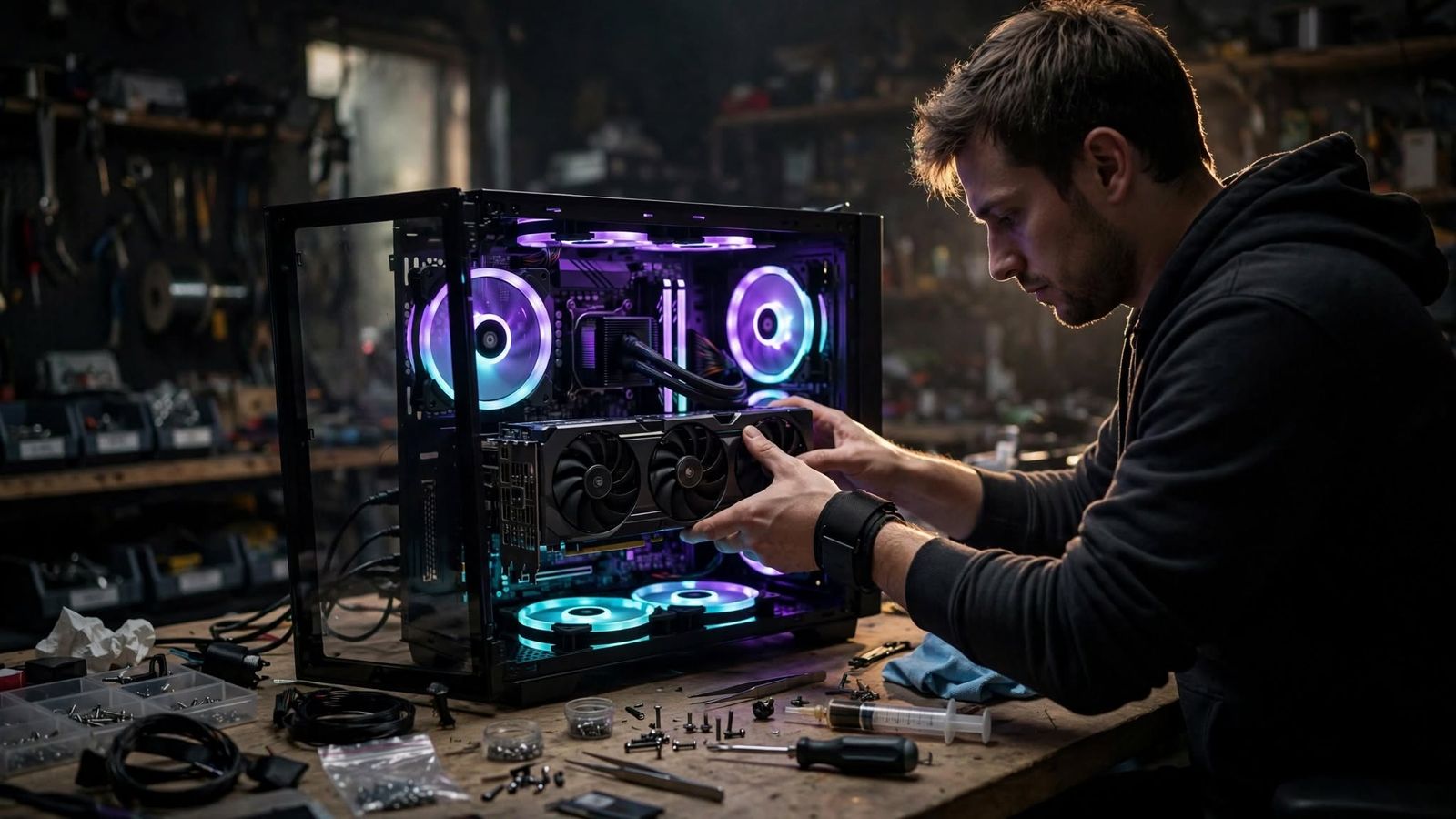 A technician installing a graphics card in a custom gaming PC with glowing violet and cyan fans