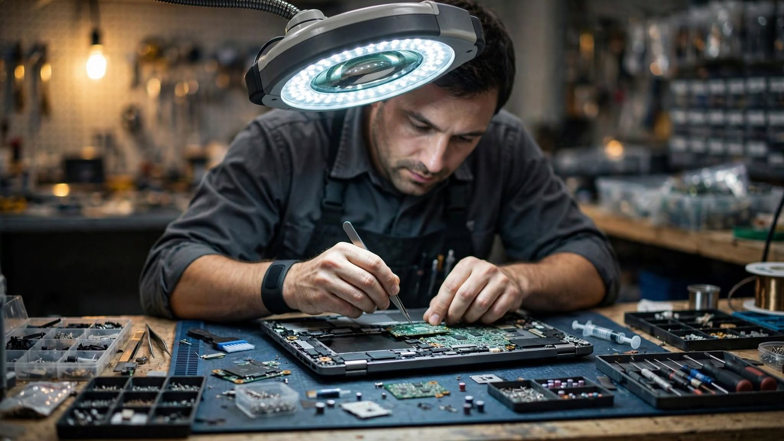 A technician repairing an open laptop motherboard with tweezers under a magnifying ring light