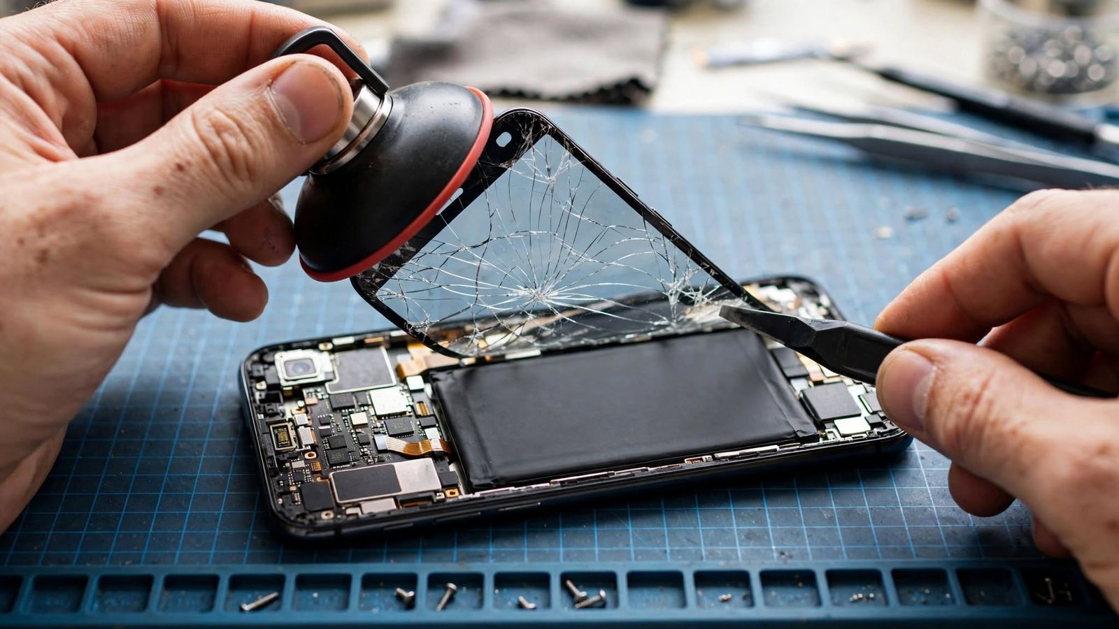 A cracked phone screen being lifted off with a suction cup and pry tool on an anti-static repair mat