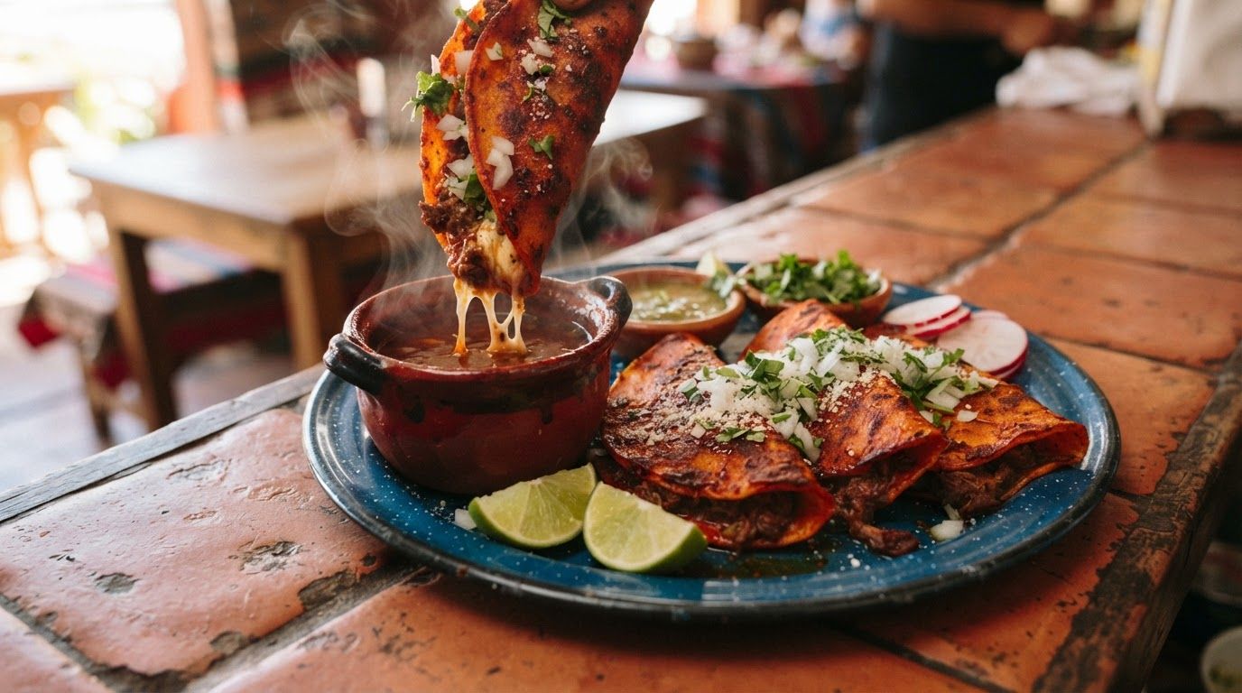 Birria tacos on a blue enamel plate, one being dipped into a clay cup of consomé, with lime, radish and cilantro