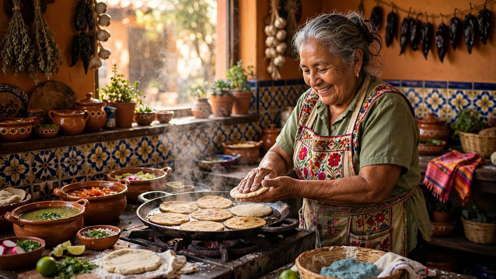 A cook smiling as she pats fresh tortillas onto a hot comal in a kitchen of Talavera tile, clay pots and drying chiles